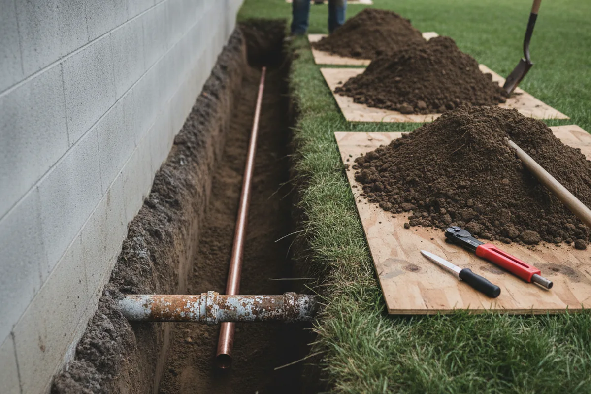 Excavated water line trench during Sewer Line Repair in Crosby
